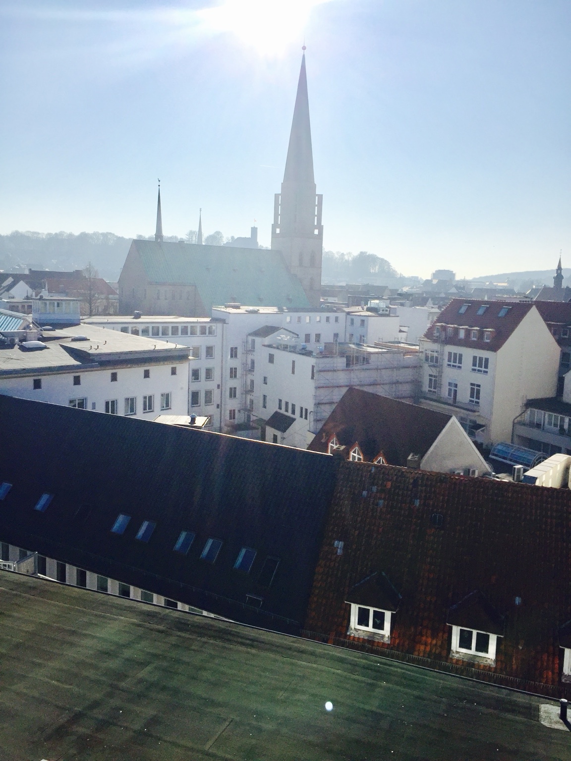 German rooftops and a church spire in the afternoon light