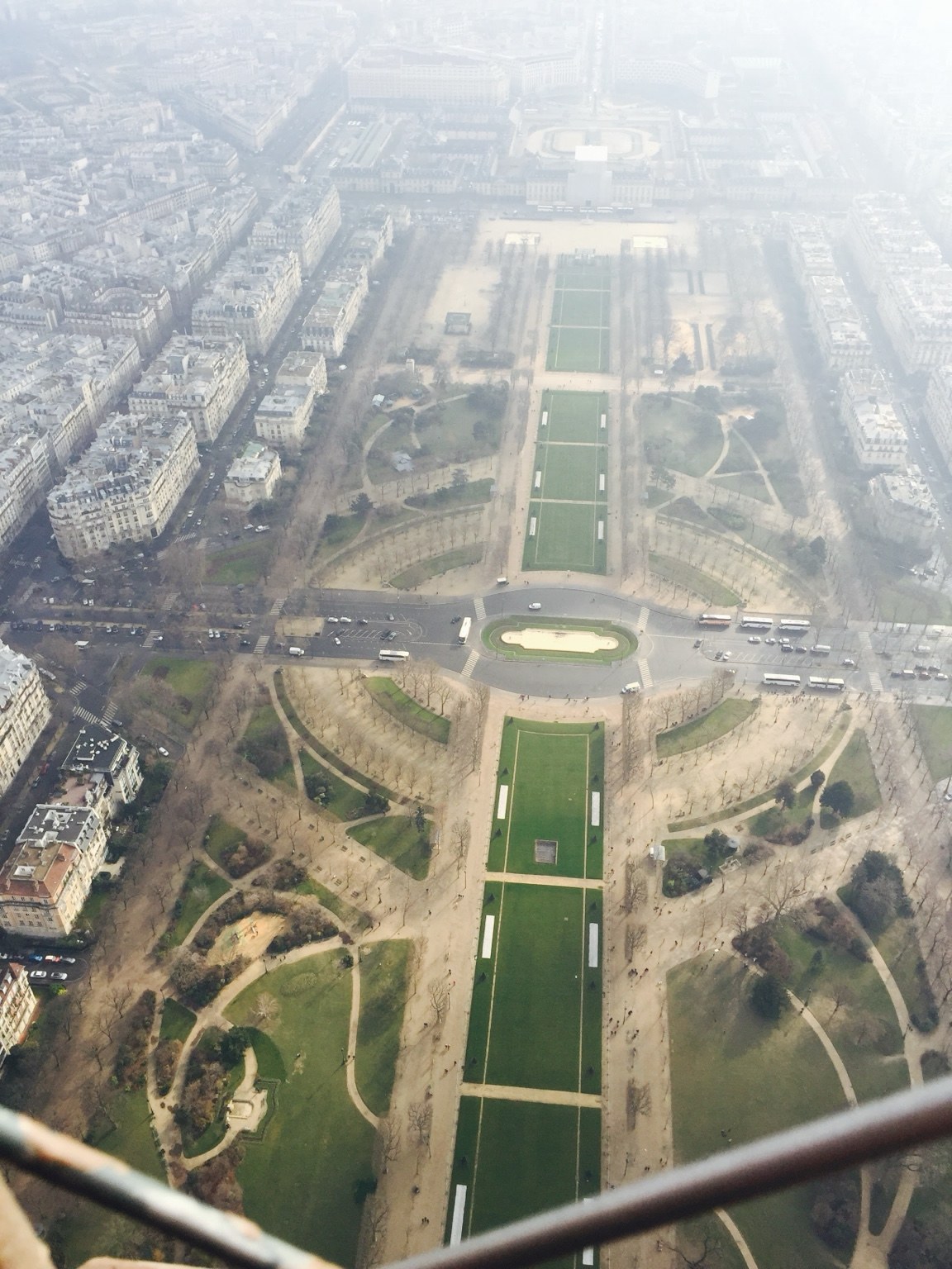 View over the green lawns and paths of the Champ de Mars in Paris