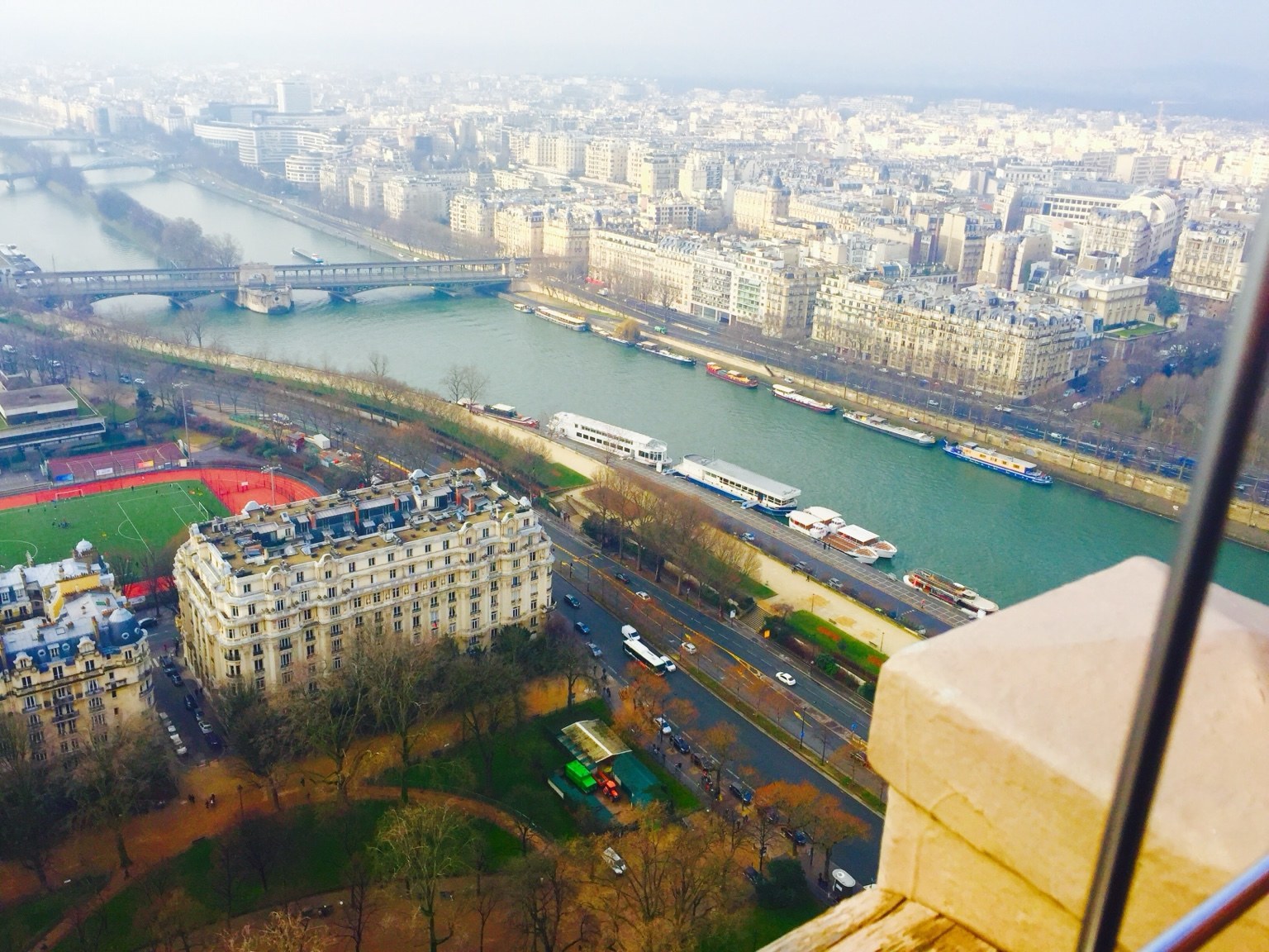 View over the Seine, bridges, and Paris rooftops